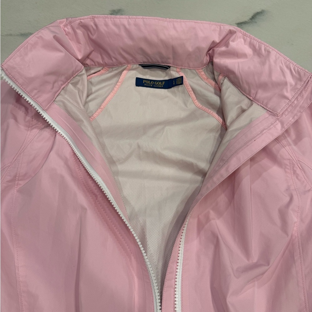 Ralph Lauren Polo Golf Jacket Size Large Pink Windbreaker Hooded Full Zip - Picture 8 of 13
